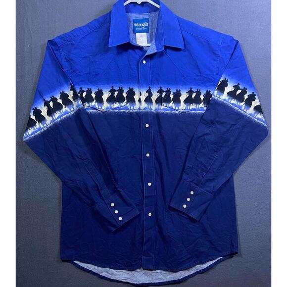 Vintage 90's Wrangler Pearl Snap Button Western Blue Shirt Size Large USA Made